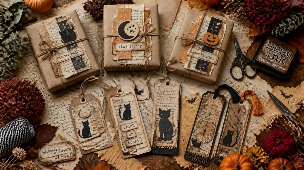 Handmade Halloween tags, vintage bookmarks and kraft-paper gift toppers decorated with scraps, twine and autumn details.