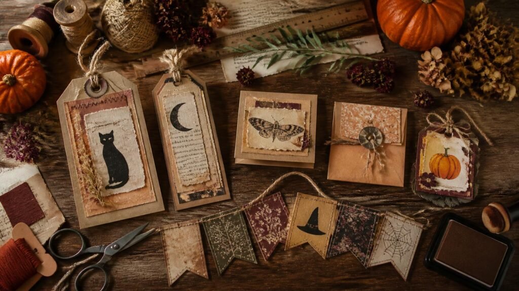 Vintage Halloween paper crafts showing inked edges, layered scraps, simple motifs and rustic twine.