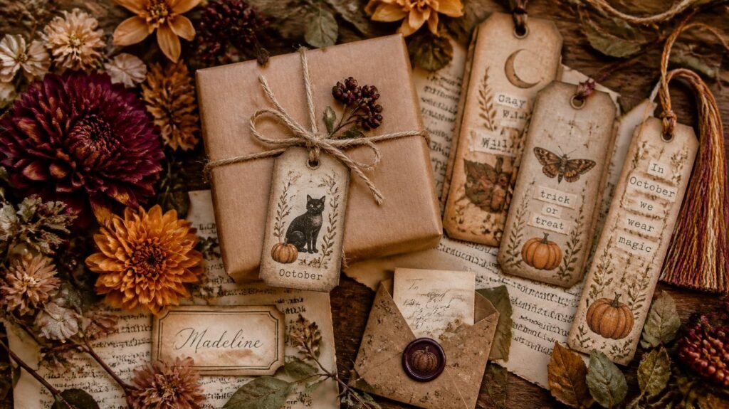 Handmade Halloween gift bundle with vintage bookmark, layered tags, mini envelope and kraft-paper wrapping tied with jute twine.