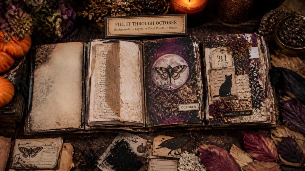 Halloween junk journal spreads showing backgrounds, layered ephemera, focal decorations and finishing details