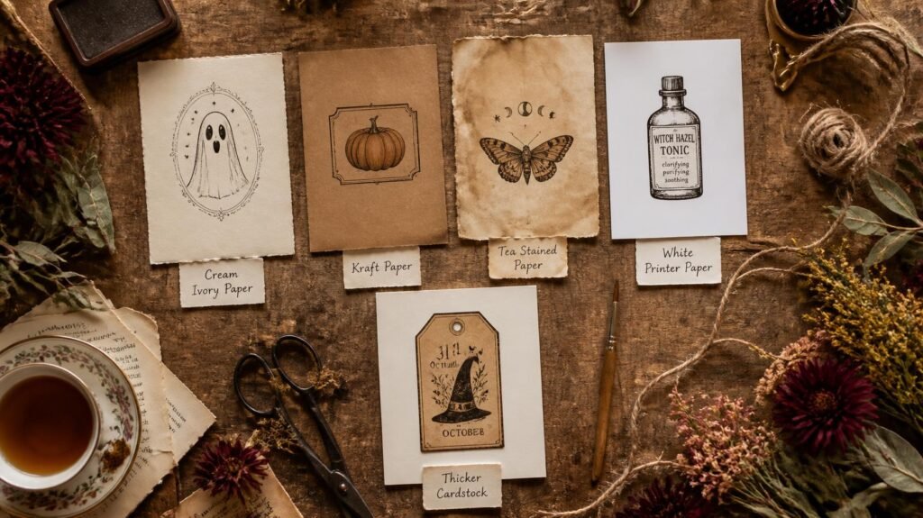 Halloween printable samples shown on cream, kraft, tea-stained, white and matte papers for junk journaling.