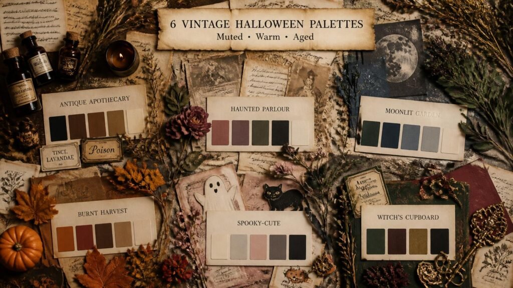 Six vintage Halloween junk journal color palettes shown through aged paper, flowers, botanical ephemera and muted autumn craft materials.