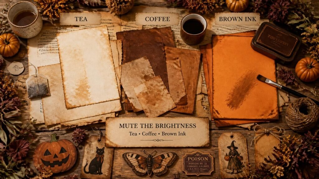 Tea, coffee and brown ink being used to transform bright paper into muted vintage Halloween colors for junk journaling.