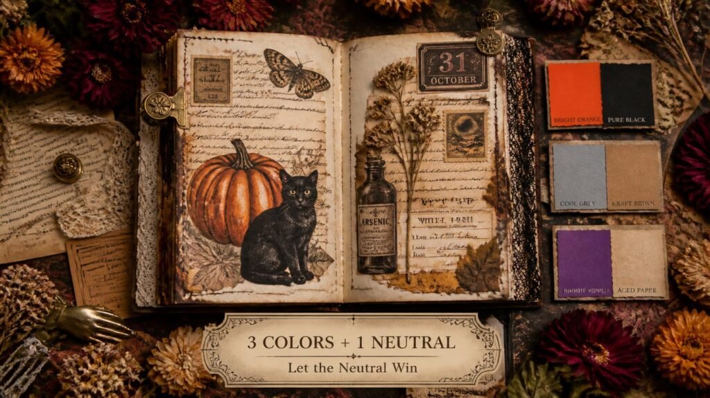 Vintage Halloween junk journal spread showing balanced muted colors with burnt orange, brown-black and a neutral cream background.