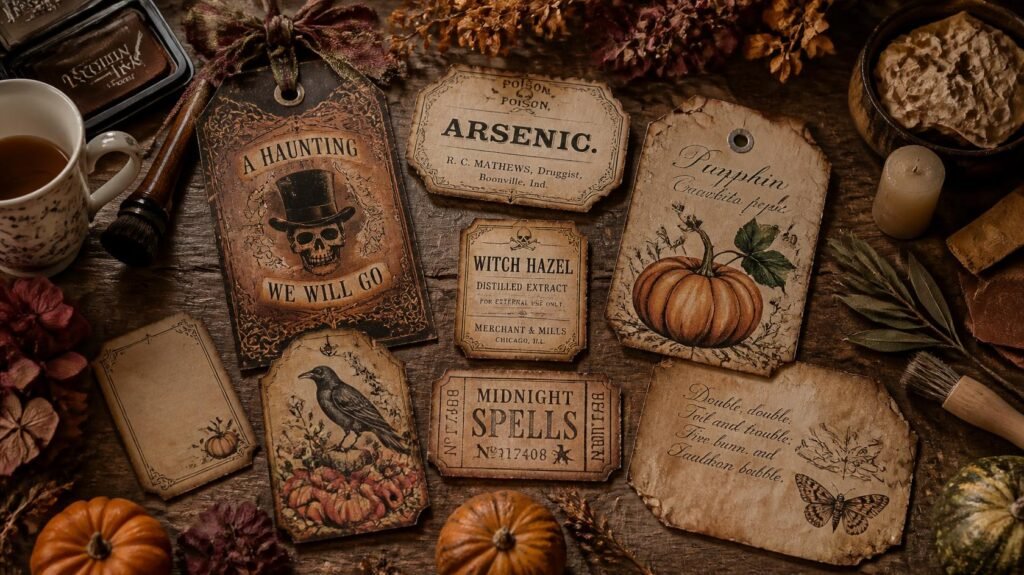 Aged Halloween printable ephemera showing inked edges, tea staining, creases, worn corners and distressed paper textures.