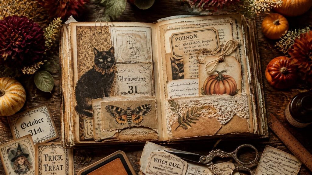 Finished aged Halloween clipart arranged in a junk journal using fussy cutting, rough cutting and torn paper edges.