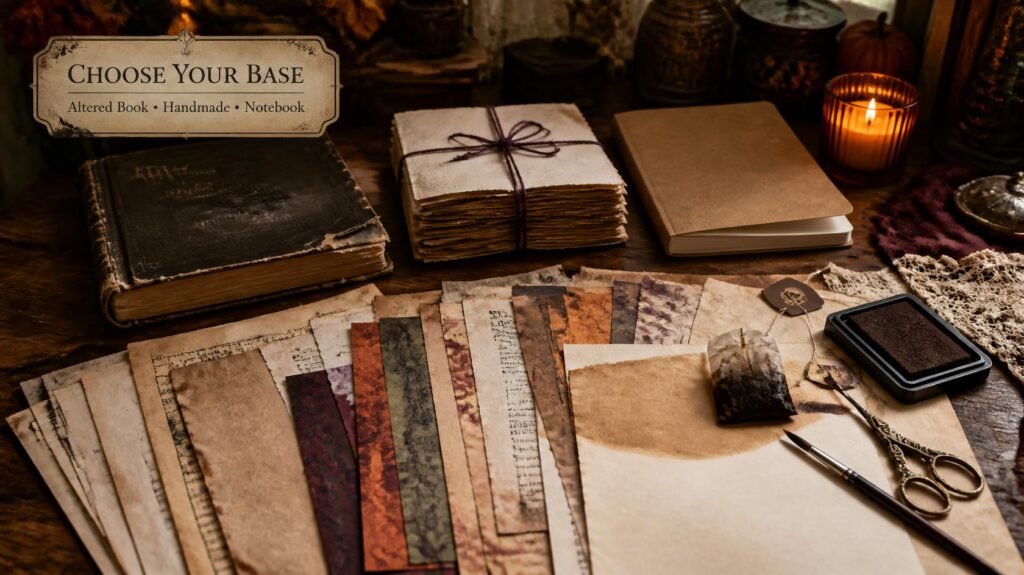 Halloween junk journal base options and tea-stained papers prepared with old book pages, kraft paper and ink