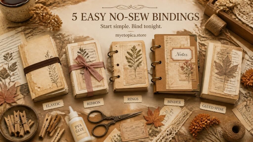 Five no-sew junk journal binding ideas showing elastic, ribbon, book rings, a three-ring binder and a glued spine.