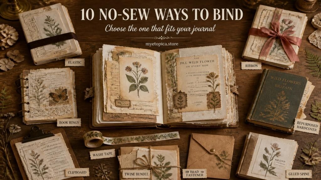 Collection of ten no-sew junk journal binding ideas including elastic, ribbon, rings, clipboard, repurposed book and glued bindings.