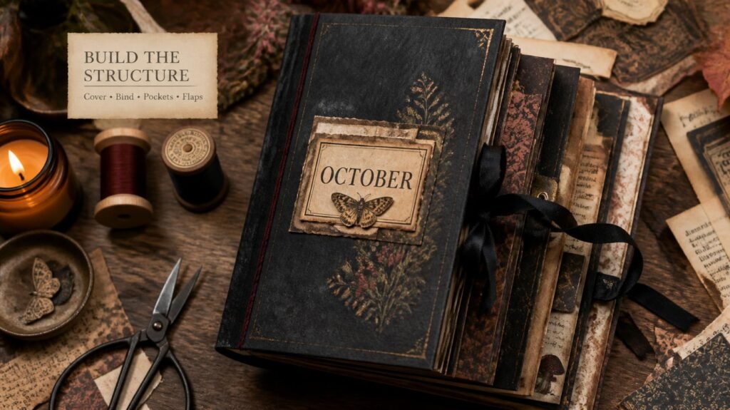 Halloween junk journal being assembled with a dark cover, stitched binding, pockets, ribbons and vintage paper layers