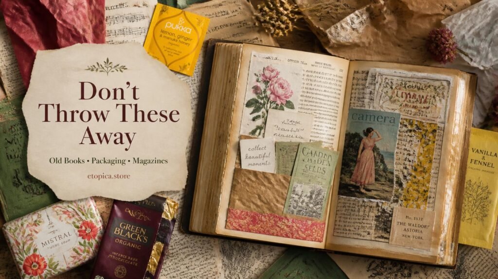 Old book pages, recycled packaging and magazine scraps for junk journaling