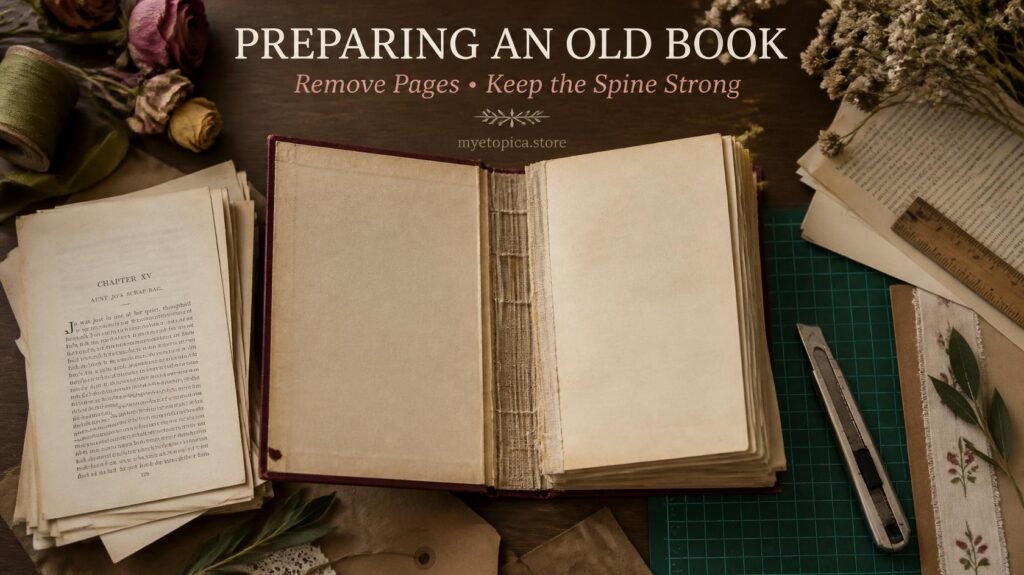Old hardback book being prepared for a junk journal with pages removed while the sewn spine remains intact beside a cutting mat and craft knife.