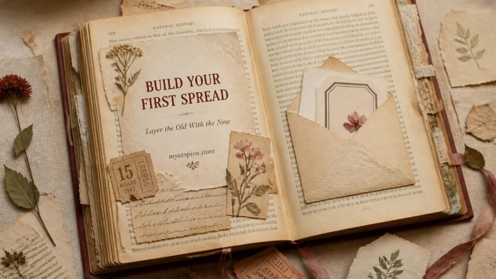 First spread of an altered-book junk journal with original text showing beneath vintage paper, a pressed flower, ticket stub and botanical ephemera.