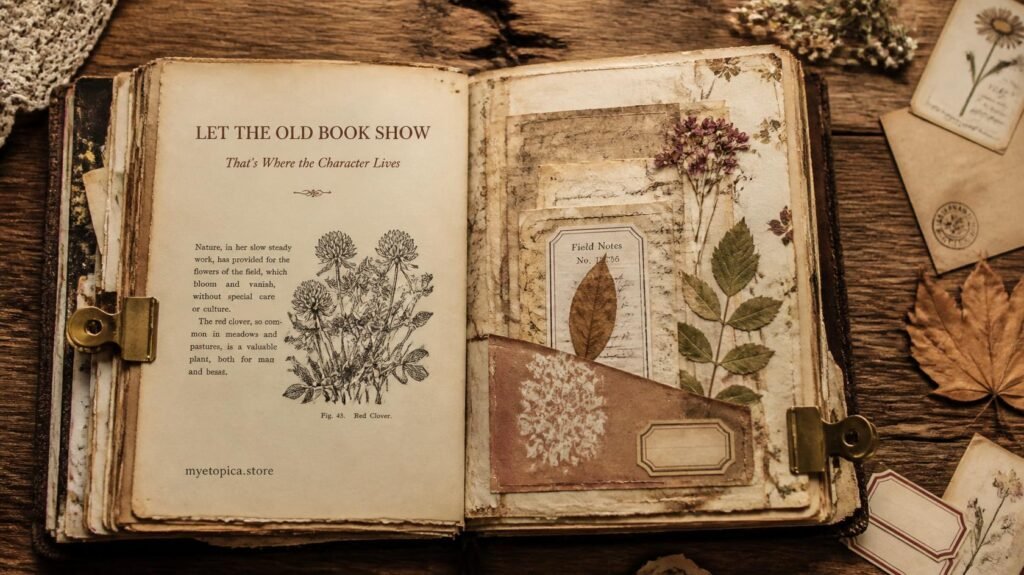 Finished altered-book junk journal with original book text, botanical layers, pockets, vintage labels and handmade ephemera.
