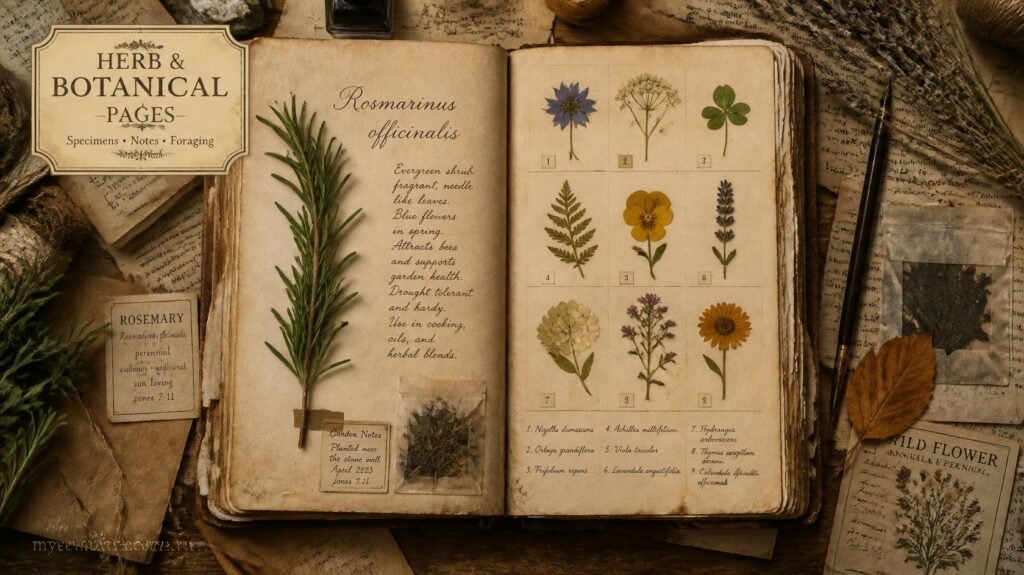 Botanical grimoire junk journal spread with pressed herbs, flower specimens, handwritten notes and vintage labels