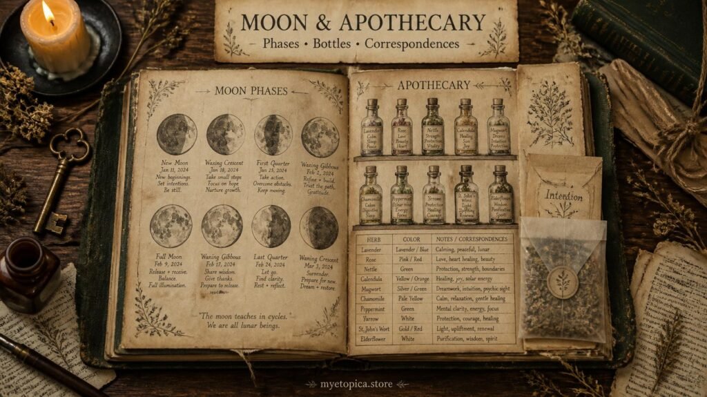 Grimoire junk journal spread with moon phases, apothecary bottles, herb notes and vintage correspondence table