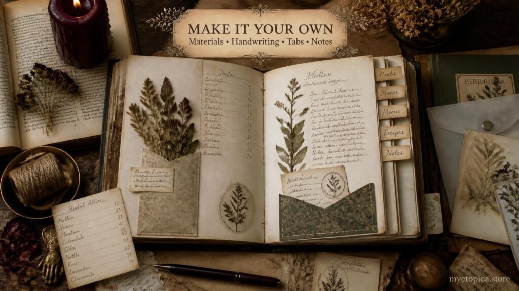 Witchy junk journal with handwritten notes, section tabs, pressed herbs, aged paper and vintage craft materials