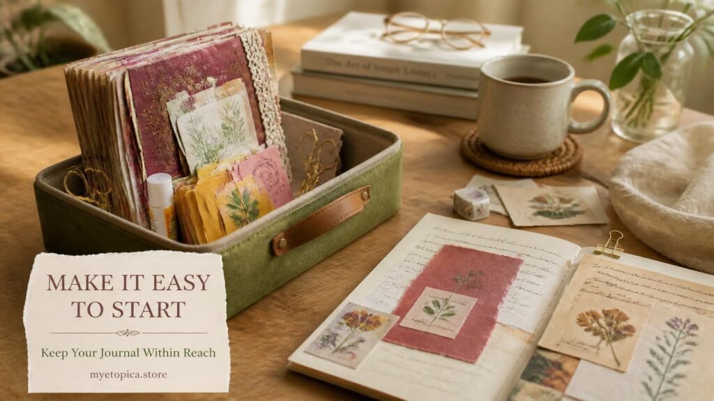 “Small junk journaling tray with journal, glue, scissors and paper scraps kept ready for quick creative sessions”