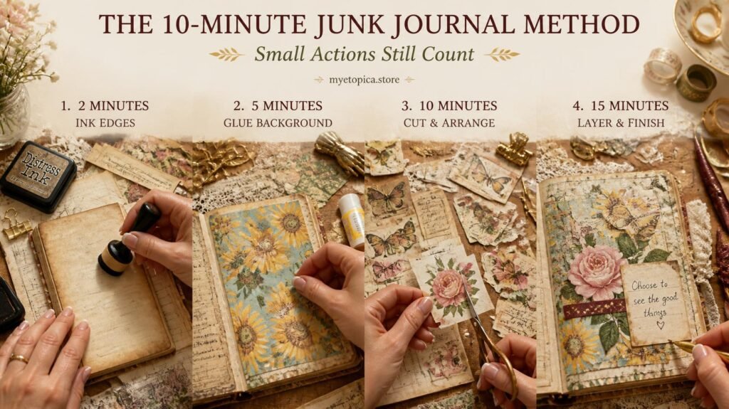 “Four small junk journaling activities showing what you can create in 2, 5, 10 and 15 minutes”