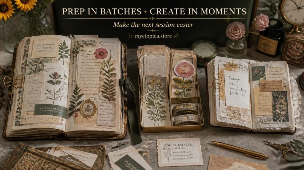 “Two junk journals with prepared paper scraps, clipart, prompts and layered materials for easy creative sessions”