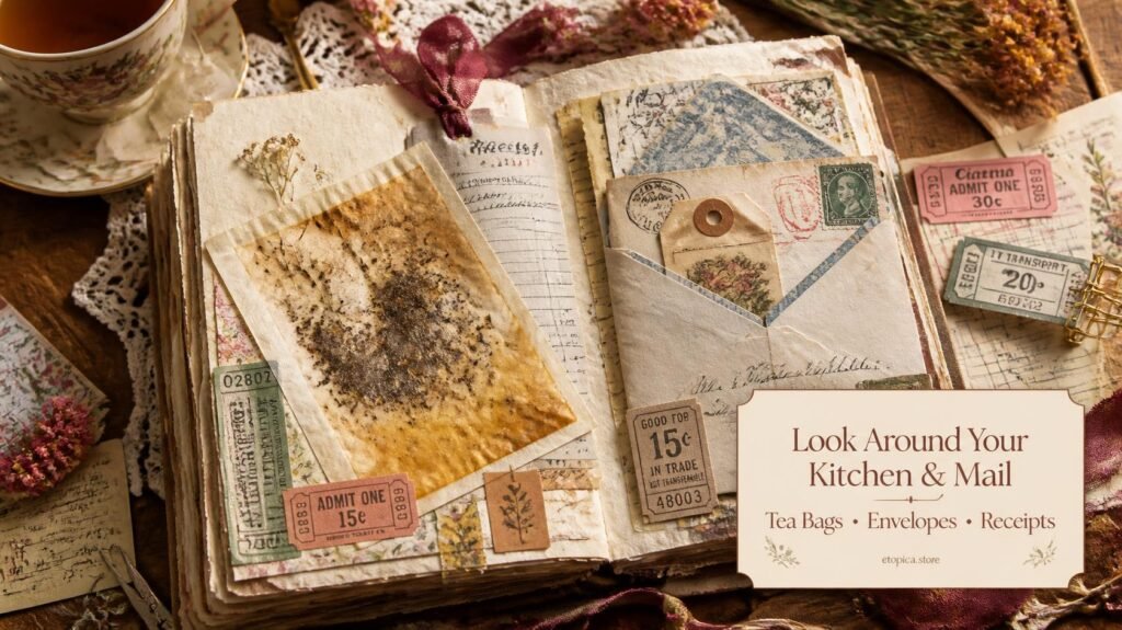 Used tea bags, old envelopes, receipts and tickets used as junk journal supplies