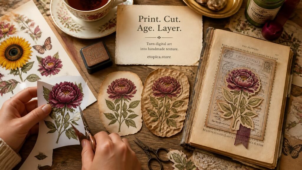 Cutting and aging printed digital cliparts before layering them into a junk journal