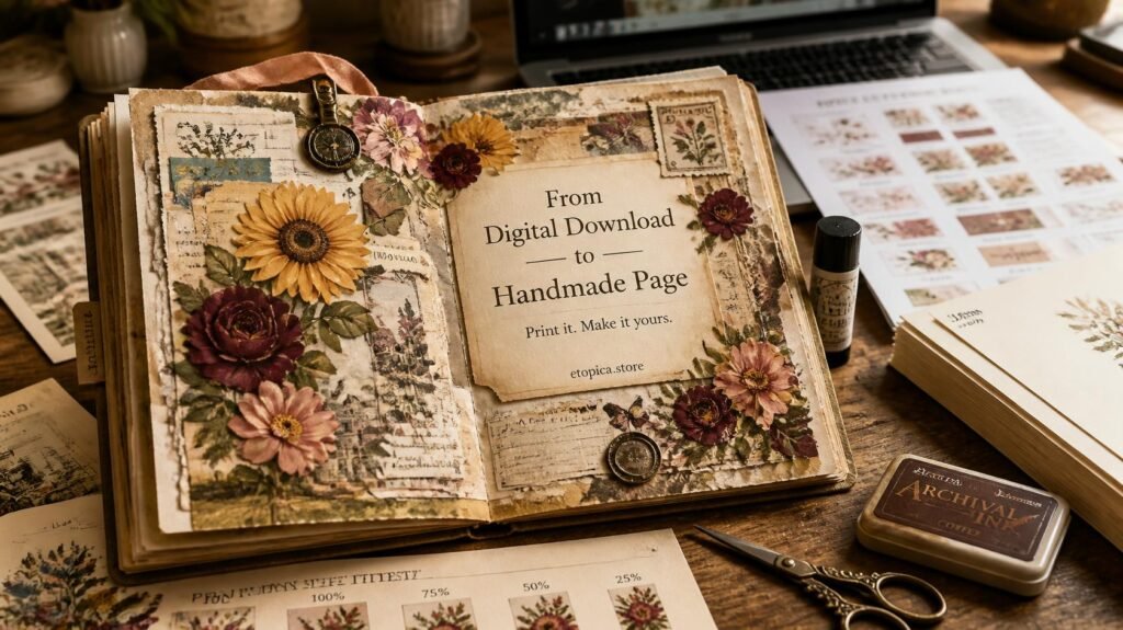 Finished junk journal page decorated with printed digital cliparts and vintage paper elements