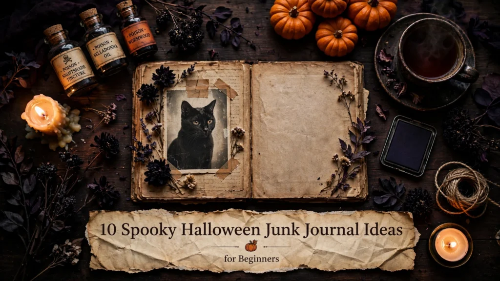 10 Spooky Halloween Junk Journal Ideas — featured image with title on torn paper banner over a moody Halloween flat-lay with black cat, pumpkins and candles