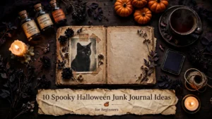 10 Spooky Halloween Junk Journal Ideas — featured image with title on torn paper banner over a moody Halloween flat-lay with black cat, pumpkins and candles