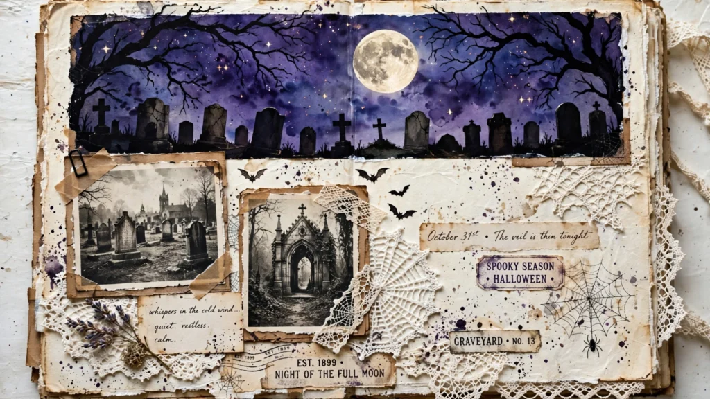 Moonlit graveyard junk journal page — dark navy night sky, cream paper moon, black tombstone and tree silhouettes with tiny star dots