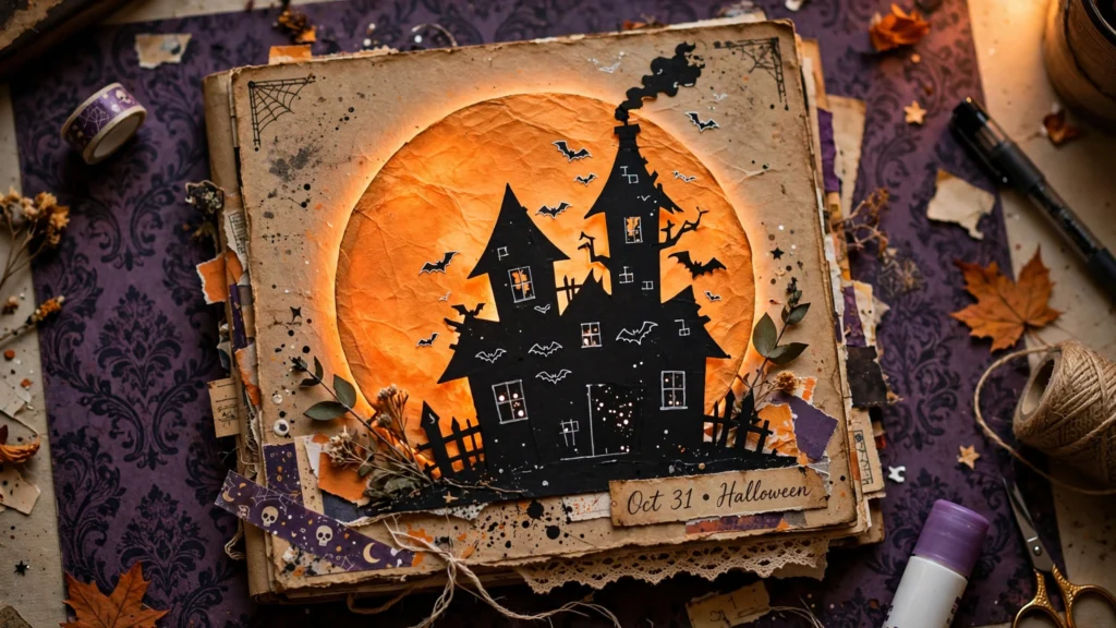 Halloween junk journal page with black haunted house silhouette over a glowing orange paper moon, white gel pen bats and windows on purple paper