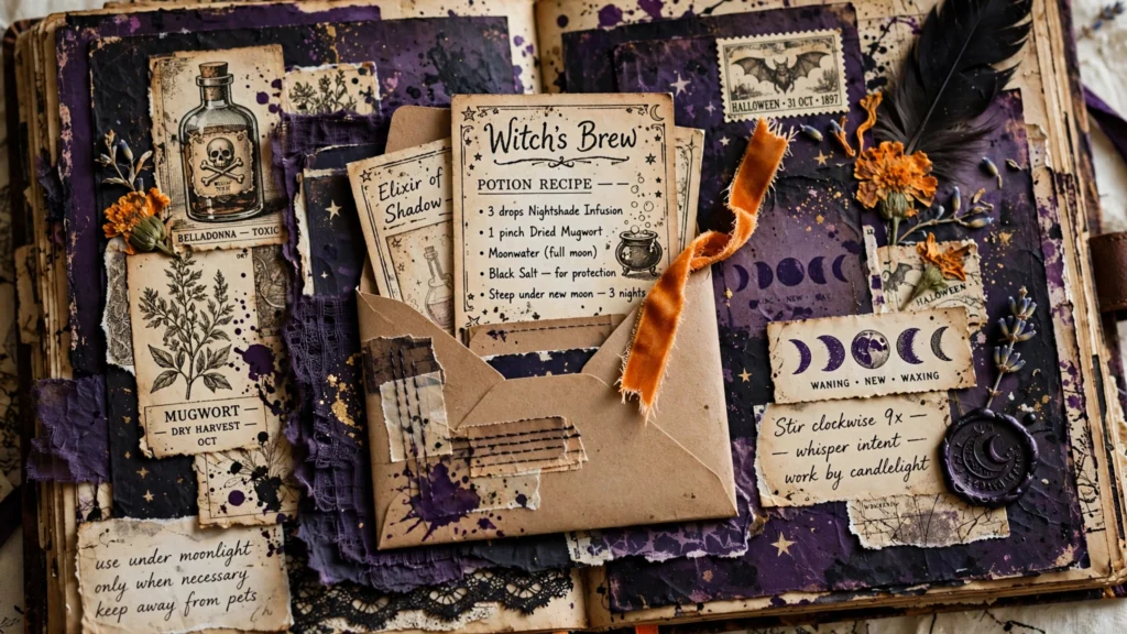 Halloween junk journal page with kraft envelope pocket holding potion recipe cards labeled Witch's Brew with an orange ribbon pull tab