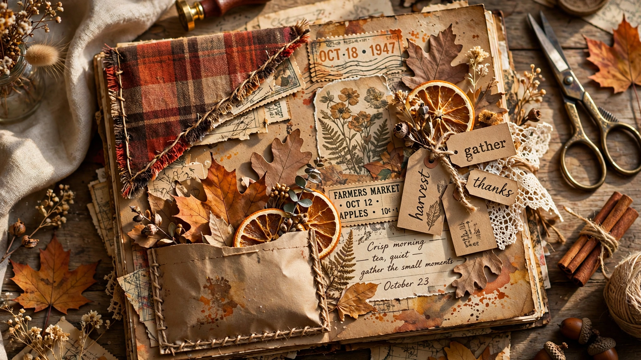 Kraft paper bag tuck pocket filled with autumn tags, tickets, and a dried leaf in a fall junk journal