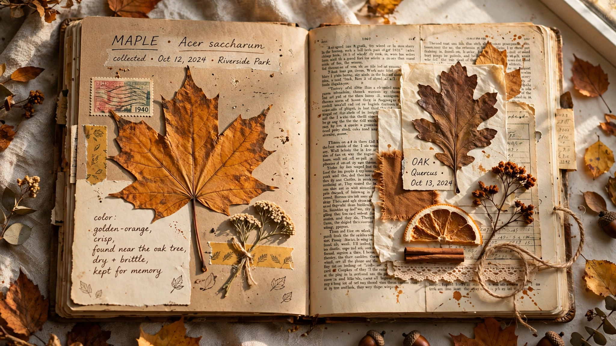 Pressed autumn leaves arranged in a wreath on a vintage junk journal page
