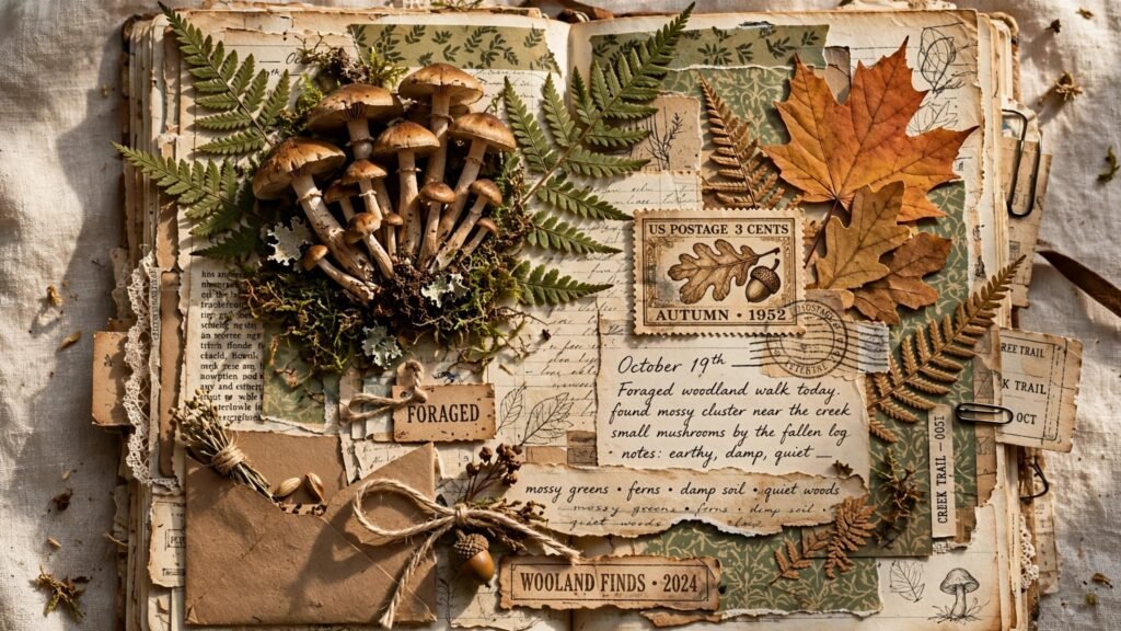 Woodland mushroom cluster with ferns and vintage paper in a fall junk journal